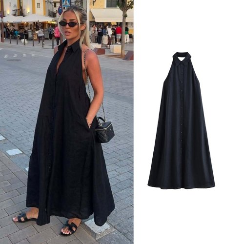 Image of Dresses Summer Women's 2026 New Neck-Hanging Elegant Long Holiday Dress Women Street Chic Youth Loose Fashion Dress