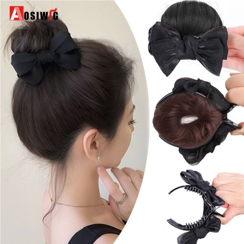 Bild von Natürliche Synthetische Haarklammer mit Schleife – Chignon & Messy Bun Claw Clip, Welliges Lockiges Haarteil für Pferdeschwanz-Verlängerung und Styling