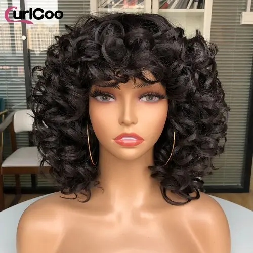 Image de Perruque Afro Courte Bouclée avec Frange - Cheveux Synthétiques Moelleux