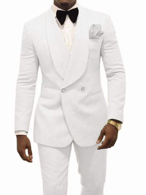 Image of Custom Made Men's White Pattern Groom Tuxedo with Shawl Lapel – 2-Piece Wedding Suit Jacket and Pants Set for Groomsmen