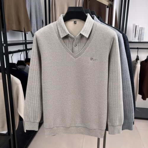 Image of Luxury Men's Plush Wool-Lined Knitted Sweater with Patchwork Striped Lapels – Thickened Fleece One-Piece Warm Pullover for Cold Weather