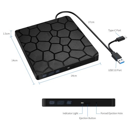 Imagen de Unidad externa de DVD RW 2 en 1, interfaz USB 3,0 tipo C, grabadora de CD y DVD delgada, reproductor óptico para ordenador portátil y Notebook