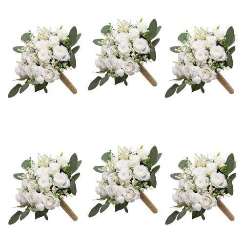 Immagine di Bouquet da Damigella d'Onore Bianco Artigianale con Rose e Foglie di Eucalipto - Bouquet da Sposa Naturale e Raffinato per Matrimonio