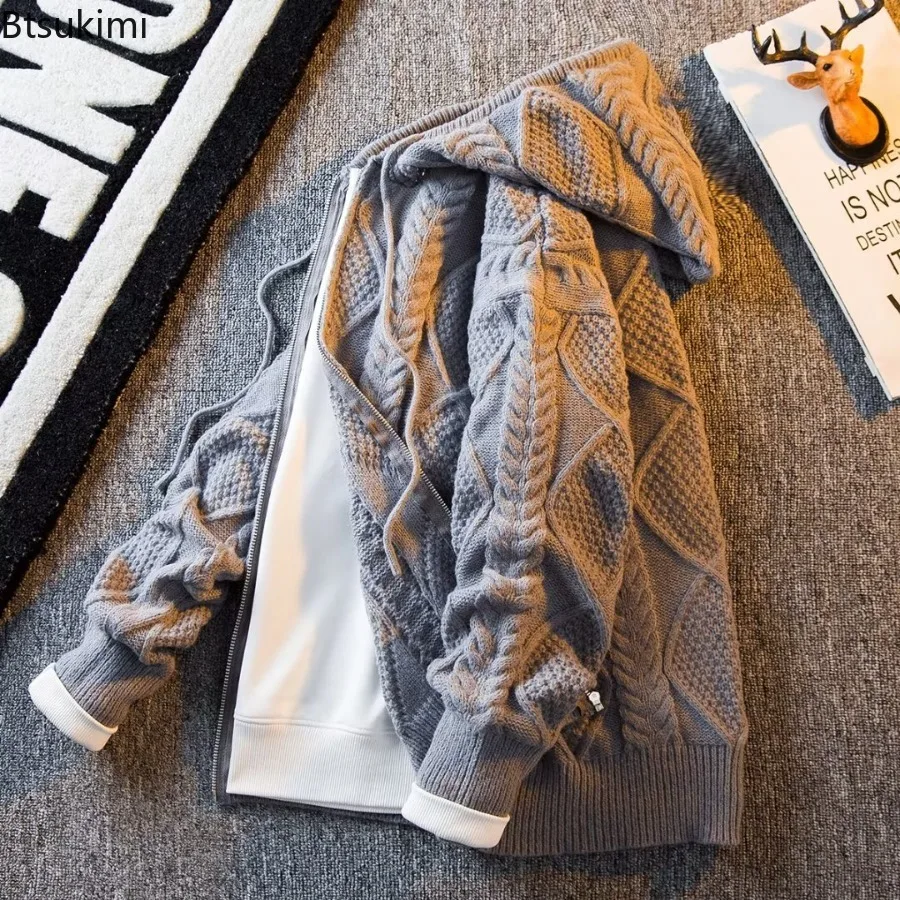 Zdjęcie Męskie swetry vintage z dzianiny na jesień i zimę 2026, grube, ciepłe kardigany zapinane na zamek, luźne, codzienne bluzy z kapturem.