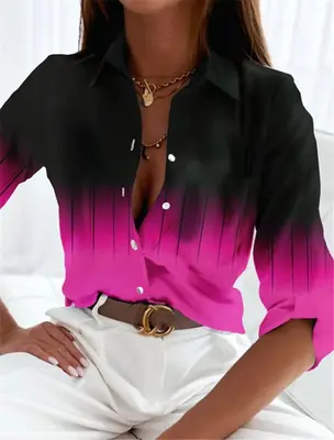 Image de Chemise Femme Dégradé Imprimé 3D Manches Longues Grande Taille
