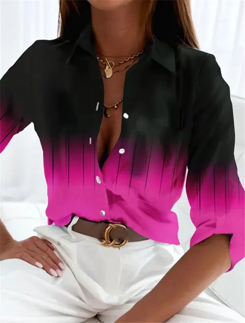 Image de Chemise Femme Dégradé Imprimé 3D Manches Longues Grande Taille