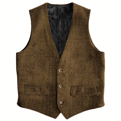 Image of Classic Brown Herringbone Men's Single Button Waistcoat – Vintage Inspired Slim Fit Vest for Wedding, Banquet, Business & Casual Wear