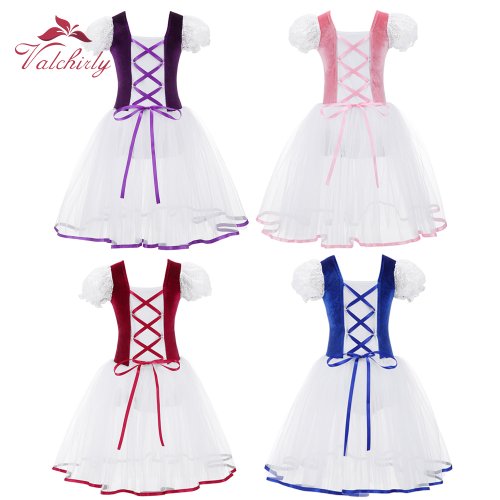 Image of Elegant Professional Girls' Ballet Tutu Dress with Velvet Bodice, Mesh Skirt, and Short Puff Sleeves – Perfect for Dance, Gymnastics, and Stage Performances