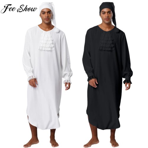 Image of Men's Victorian-Style Nightgown with Lace Trim – Long Sleeve Soft Loose Sleep Robe & Matching Nightcap for Halloween, Christmas, or Cozy Loungewear