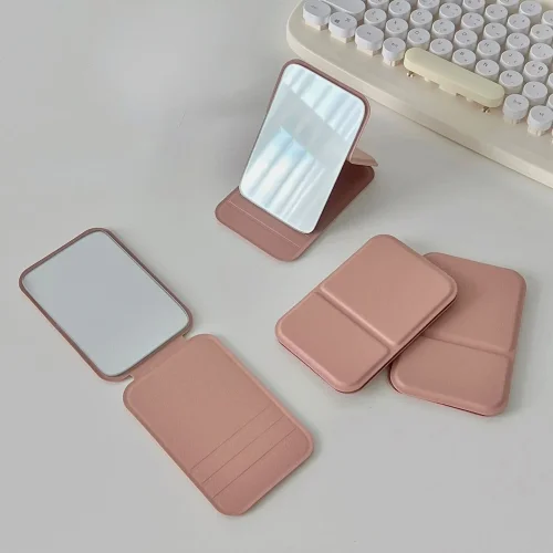 Imagen de Espejo de maquillaje de escritorio, Color sólido, cuero PU, Simple, portátil, espejo de maquillaje p...