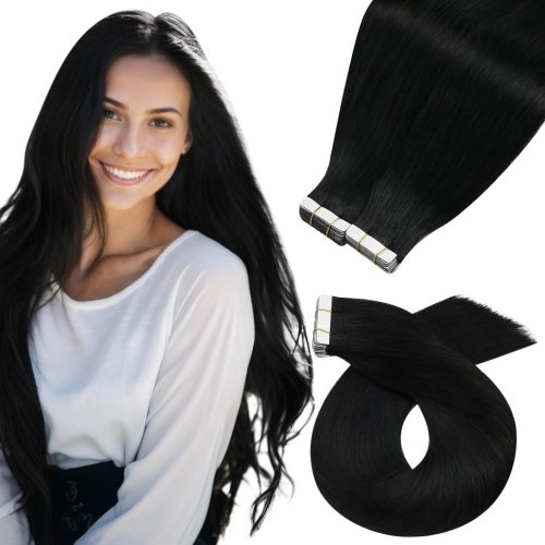 Image of Seamless Tape-In Human Hair Extensions 1B Natural Black 50g – Invisible, Lightweight, and Easy-to-Apply for a Natural Look