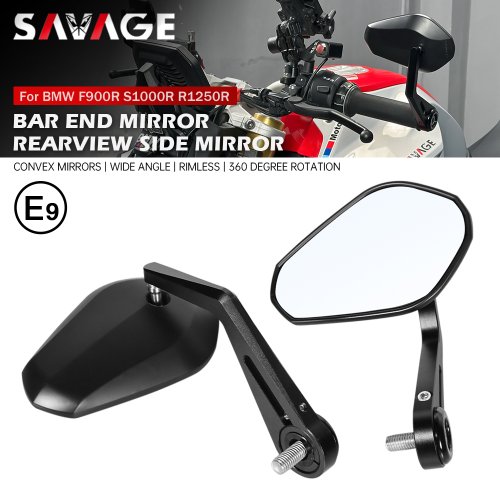 Immagine di Specchietti Retrovisori Laterali Regolabili per Manubrio Moto BMW F900R, S1000R, R1300R, R1250R, R1200R, C400X, C400GT – Design Ergonomico e Alta Visibilità