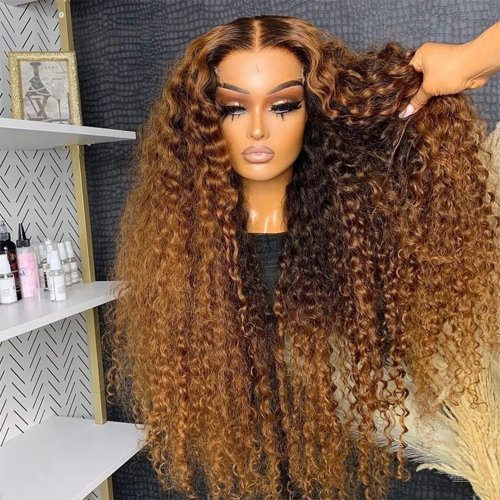 Image of Luxurious 30 Inch Honey Brown Ombre Curly Lace Front Human Hair Wig with 250 Density Deep Wave 13x6 & 13x4 Frontal for Natural Look