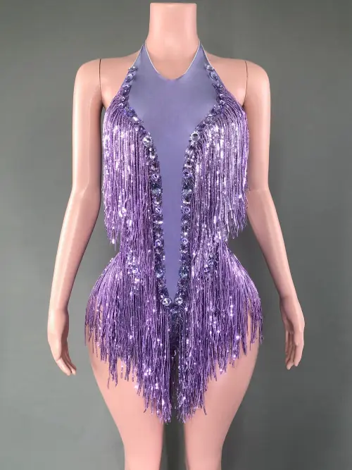 Image de Body Danse Rose Éclatant avec Franges & Cristaux