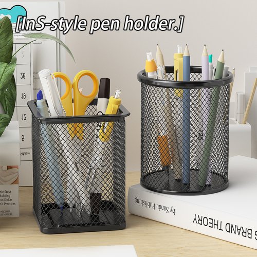 Imagen de Organizador de Escritorio Multifuncional en Metal Negro con Portalápices y Copa de Malla para Bolígrafo y Utensilios de Oficina