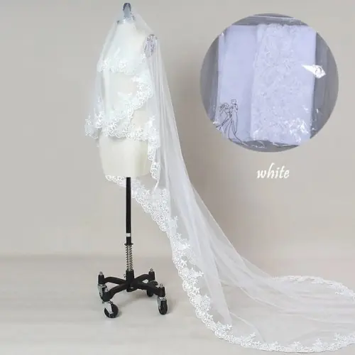 Image de Voile de Mariée Long 3m - Dentelle & Tulle Blanc Ivoire