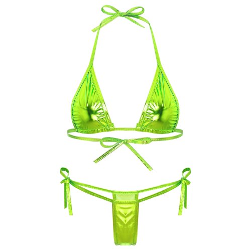 Zdjęcie Damski brazylijski mikro bikini strój kąpielowy Biquini zestaw sznurowanie nieusztywniany biustonosz z miseczkami trójkątnymi Top z stringami metaliczny błyszczący strój kąpielowy