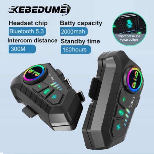 Kebidumei 1-2x Motorfiets Intercom Headset Helm BT 5.3 voor 2 Rijders - Waterdichte Intercommunicator met Muziekdeling en 300m Bereik