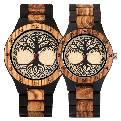 Immagine di Orologio Classico al Quarzo Zebrato per Coppia, Modello Unico con Albero della Vita, Quadrante Rotondo e Cinturino in Legno – Orologio da Polso per Uomo e Donna