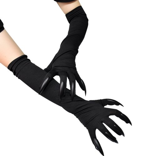 Image of Women's Black Spandex Halloween Cosplay Ghost Claw Gloves with Long Nails – Stretchy Fashionable Stage Performance Accessories