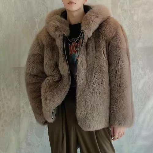 Image of Men's Autumn Winter Fashionable Thick Hooded Imitation Fox Fur Coat – Warm, Stylish, and Trendy Streetwear Jacket