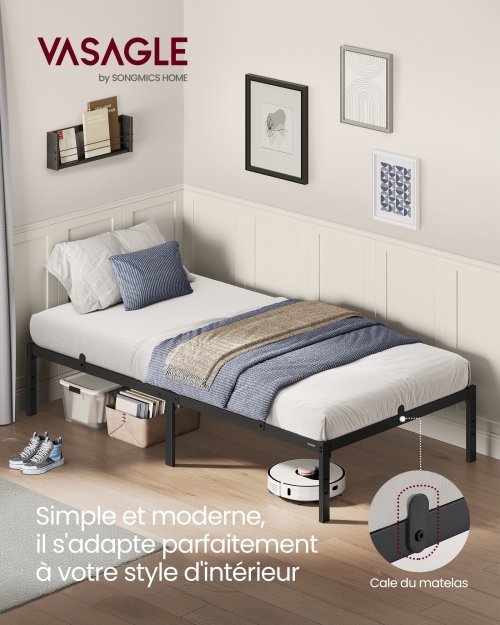 Image of Single Bed Frame, 90 x 190 cm Bed Base, Metal Frame, Storage Space Underneath, Modern, Guest Bed, Easy Assembly, Matte Black