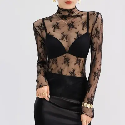 Image de Blouse Transparente Dentelle - T-Shirt Sexy à Manches Longues
