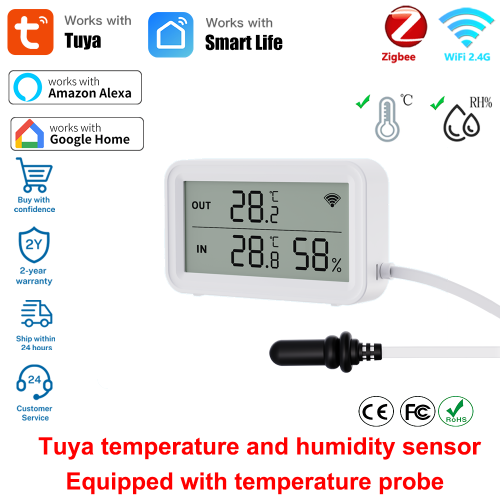 Image of Smart Zigbee WiFi Temperature and Humidity Sensor with Digital LCD Display and External Probe – Works with Smart Life & Alexa for Home Automation