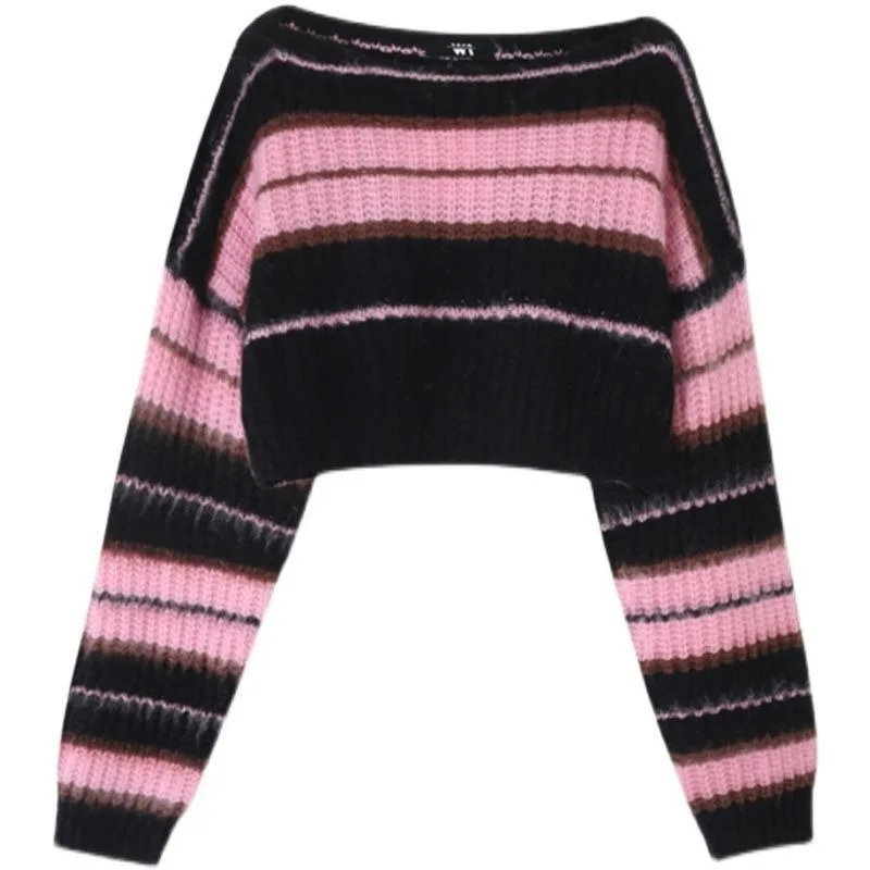 Image of Y2K-Inspired Pink Cropped Striped Sweater for Women – Vintage Korean Style Long Sleeve Crewneck Pullover Top