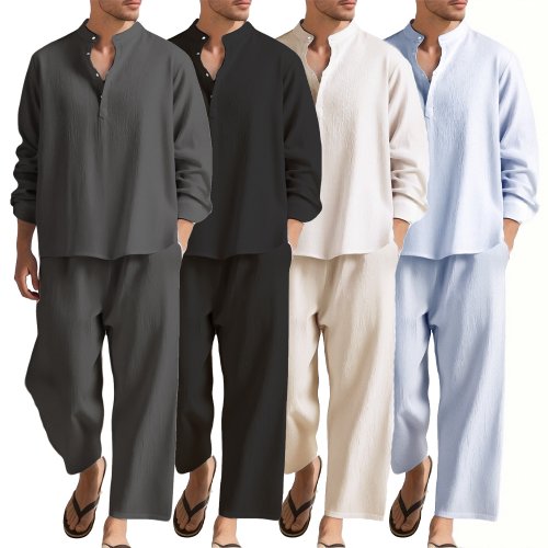 Image of Men's Solid Color Long Sleeve Shirt & Sweatpants Tracksuit Set – Comfortable Beach Wear for Hawaiian Vacation Outfits