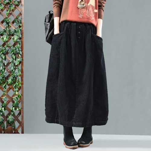 Imagen de Falda Retro de pana para mujer, falda holgada con cintura elástica, Color liso, Vintage, con bolsillos, para otoño e invierno, 2022