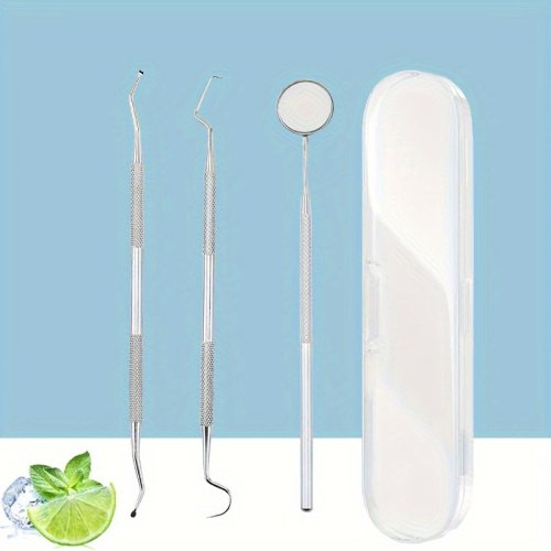 Bild von Natürliches Edelstahl-Zahnhygiene-Set mit Mundspiegel, Skaler und Zahnzwischenraum-Pick – Komplettes Zahnpflege-Set mit rutschfestem, gemustertem Griff für optimale Mundgesundheit