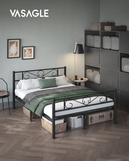 Image of 140 x 190 Bed Frame with Metal Base, Double Bed, Metal, Easy Assembly, Ink Black/White