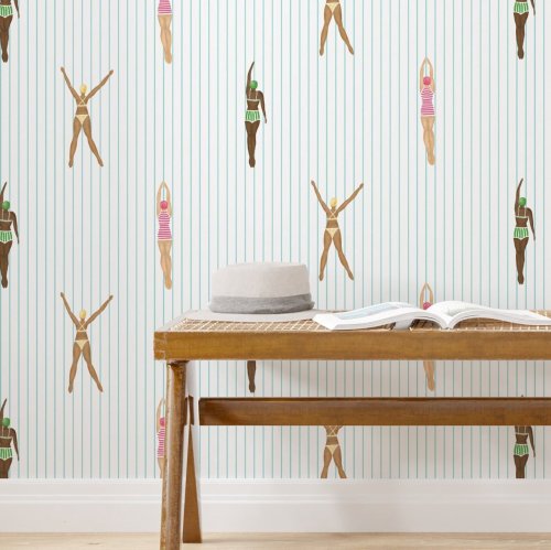 Afbeelding van Zelfklevend Vintage Zwemmers Behang met Bloemen Motief – Retro Muurschildering voor Woondecoratie in Klassieke Stijl