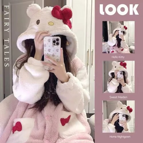 Imagen de Pijama de Hello Kitty para Mujer en Terciopelo Coral, Falda para Dormir con Estampado de Dibujos Animados, Ropa de Casa Cálida y Cómoda para Otoño e Invierno