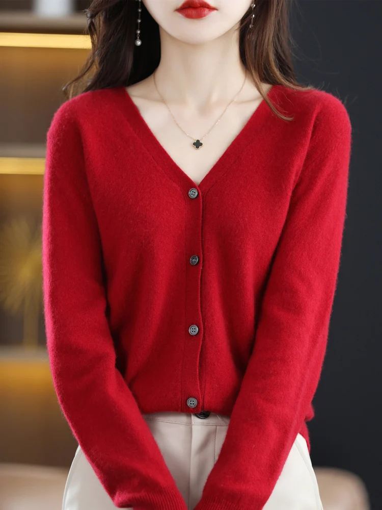 Imagen de Cárdigan de Mujer con Cuello en V de Manga Larga, Prenda de Punto Sólido y Fino para Primavera y Otoño, Suéter Exterior Moda Coreana en Color Rojo
