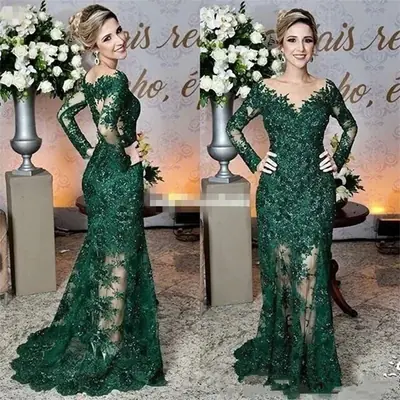 Image de Robe de mère de la mariée vert foncé sirène 2024
