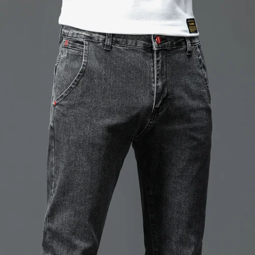 Bild von Einfarbig Baumwolle Schwarz Dunkelgrau Jeans männer Hosen Klassische Slim Stretch Casual Koreanische Mode Jugend Männliche Denim Hosen
