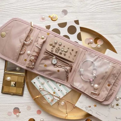 Image of Elegant Foldable Jewelry Roll Organizer – Compact, Portable & Stylish Storage Bag for Necklaces, Earrings, Rings & Cosmetics