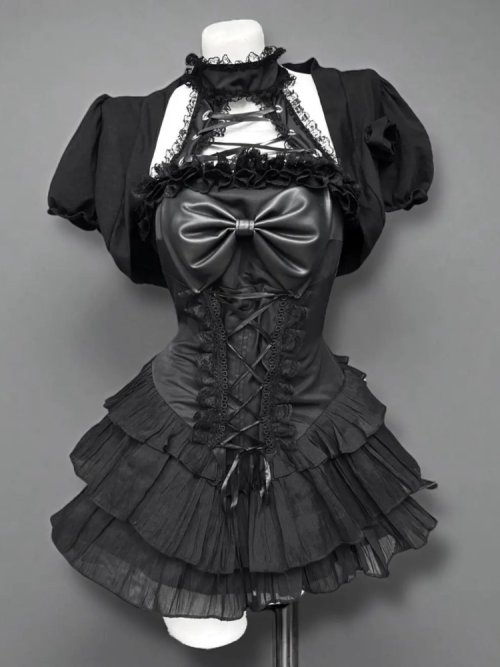 Imagen de Conjunto de 2 piezas de moda japonesa para mujer, Mini Tops de encaje + vestido de lunares, traje Retro esponjoso Kawaii elegante, verano 2025