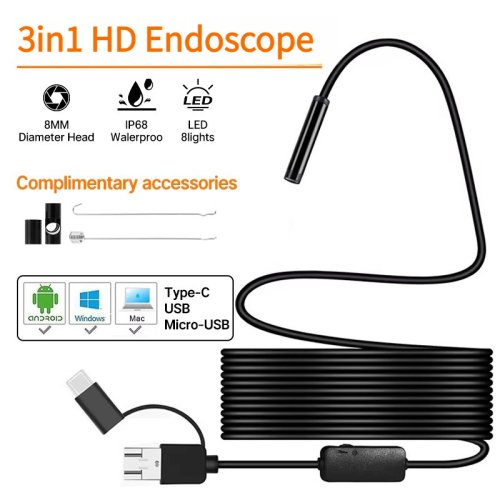 Zdjęcie Nowa Przewodowa Mini Kamera Endoskopowa 100Mpx z Obiektywem 8mm do Androida, Złącze USB Type-C, Wodoodporna Kamera Inspekcyjna z Oświetleniem LED