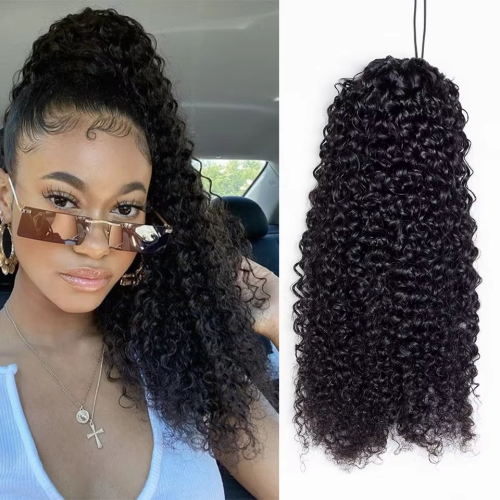 Image of Natural Brazilian Virgin Human Hair Kinkly Curly Ponytail Extension with Drawstring Clip-In for Women – Afro Curly Wave 100-160g