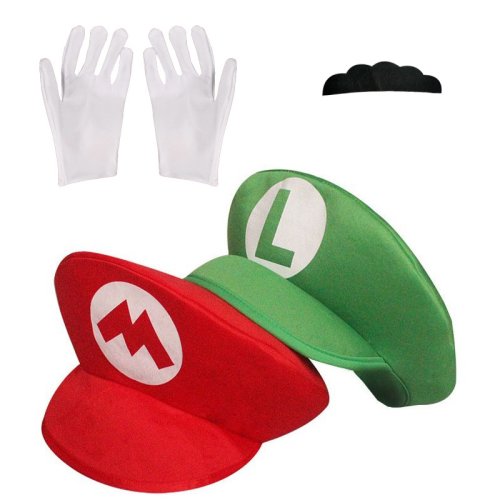 Zdjęcie Czapka Super Mario z Czerwoną i Zieloną Wersją – Kostium Cosplay z Biały Rękawiczkami, Wąsami i Motywem Kreskówkowym, Akcesoria Unisex do Imprez i Kostiumów