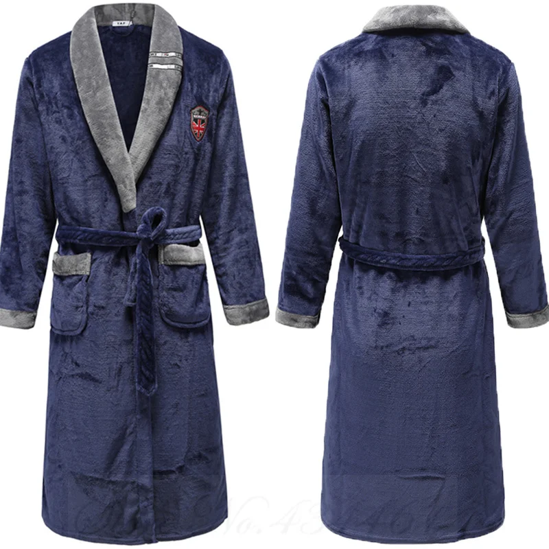 Image of Cozy Plus Size Men's Thick Coral Fleece Robe – Warm Flannel Sleepwear for Lounging & Relaxation at Home
