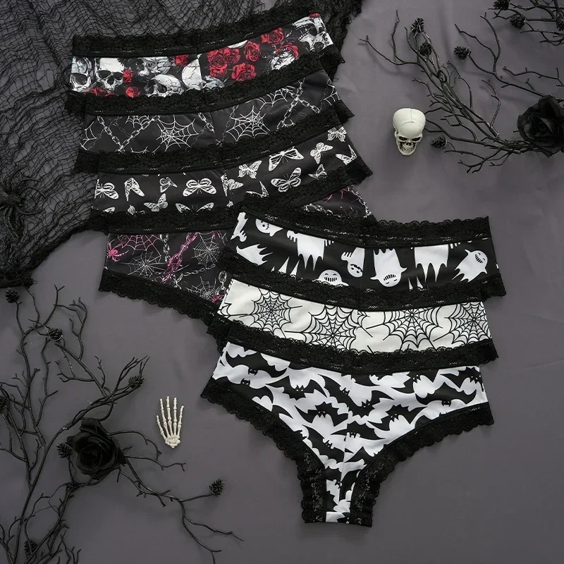 Immagine di Intimo da donna Bordo in pizzo Mutandine sexy Lingerie stile gotico Teschio rosa Pantaloni a triangolo comodi e traspiranti personalizzati