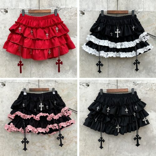 Image of Gothic Y2K Elastic Waist Harajuku Short Skirt for Women – Chic Ruffle Retro Cake Skirt with Lolita Subculture Design
