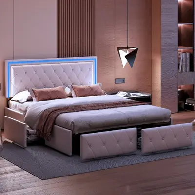 Image de Lit Double Design en Simili-Cuir avec Tiroirs - Rangement Intégré