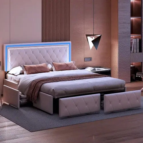 Image de Lit Double Design en Simili-Cuir avec Tiroirs - Rangement Intégré