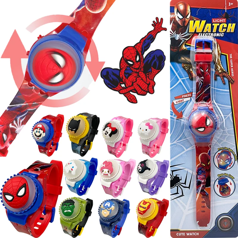 Afbeelding van Nieuwe Spiderman Kids Horloges Voor Jongens Cartoon Hello Kitty Stitch Kinderen Draaien Horloge met Flitslicht Sanrio Meisjes Speelgoed Klok