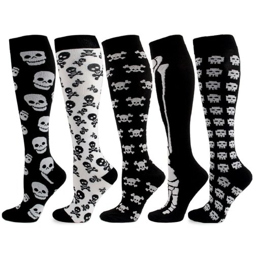 Afbeelding van Compressie Sokken voor Heren met Halloween Design – Schedel, Bot en Vleermuis Motief – Ideaal voor Varicocele, Sport, Fietsen, Hardlopen en als Cadeau